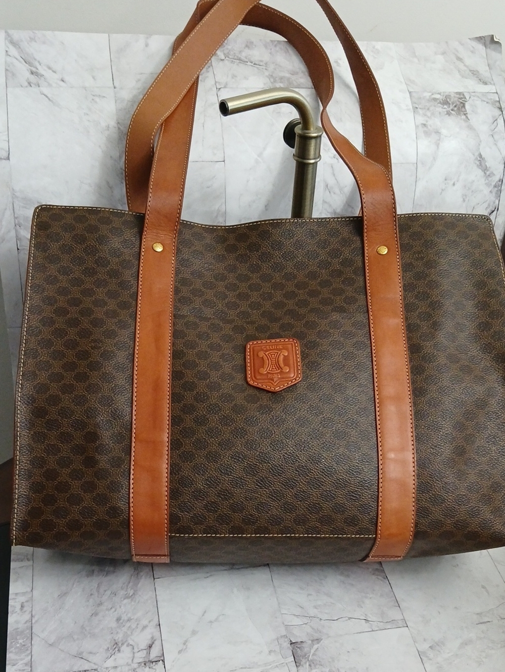 Celine Brown Monogram Tote with Tan Leather Trim